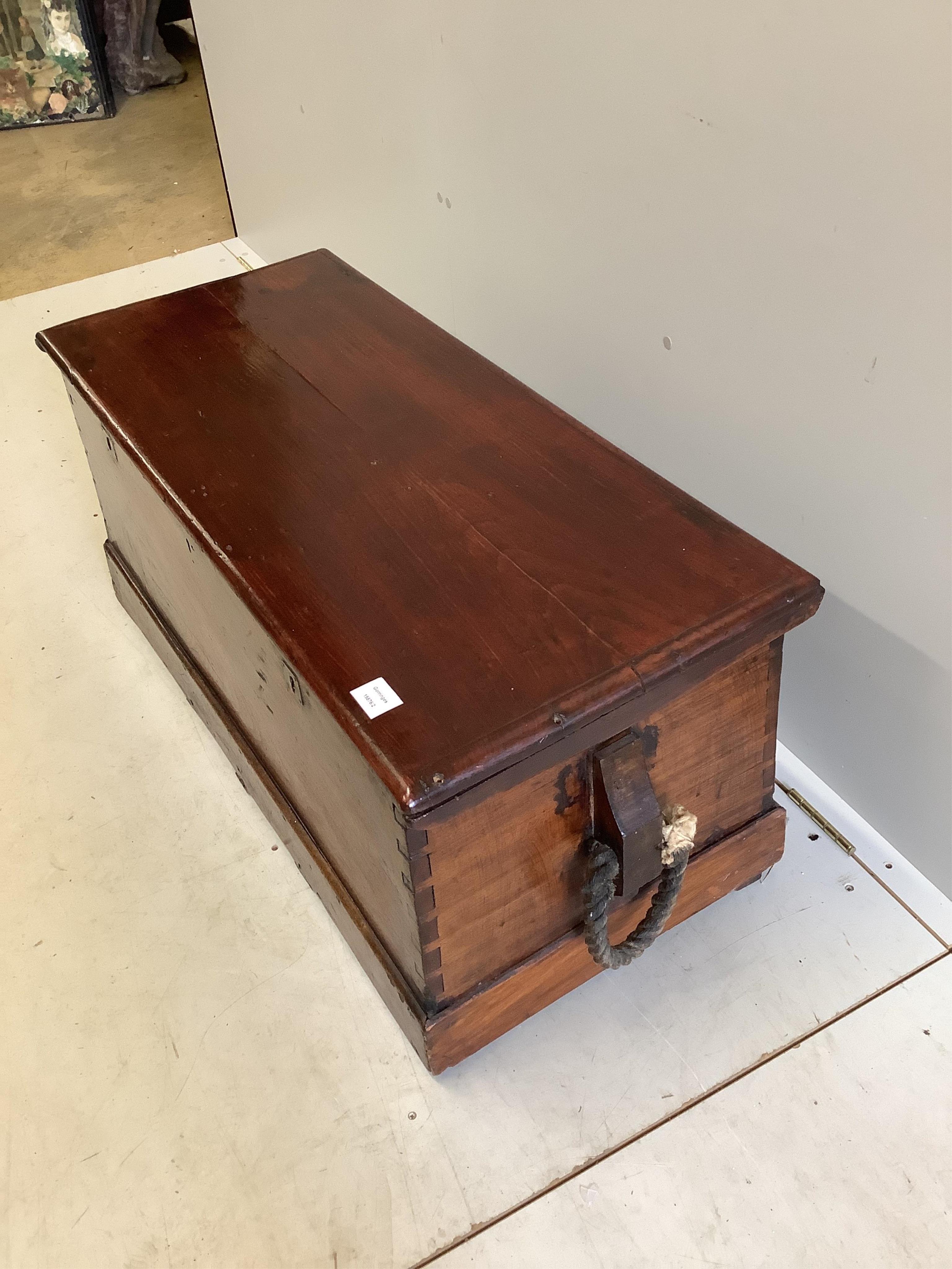 A Victorian stained hardwood trunk, width 102cm, depth 44cm, height 46cm. Condition - fair